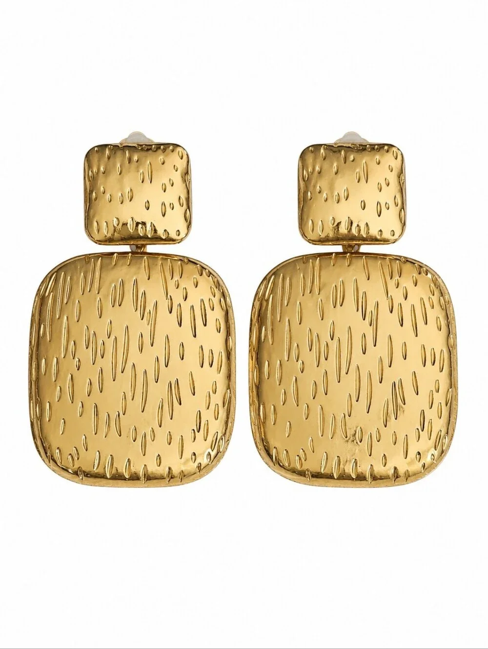 3/$30 Goldtone Textured Double Square Clip-on Drop Earrings
